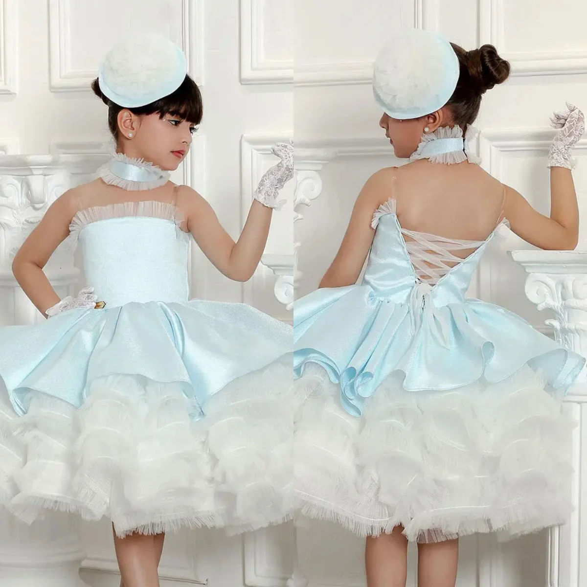 

Baby Blue Flower Girl Dresses For Wedding Tulle Elegant Satin Knee Length Princess Birthday Party Prom Dress Ball Gowns