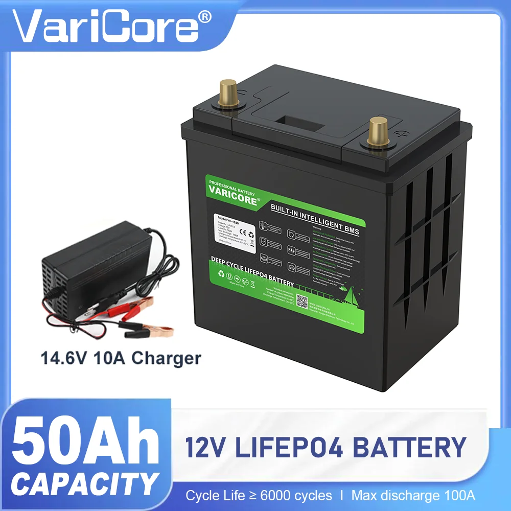 Batteria VariCore 12.8V 50AH LiFePO4 6000+ Cicli Protezione BMS al litio per carrello da golf RV Carica solare 110V/220V 14.6V 10A Caricatore