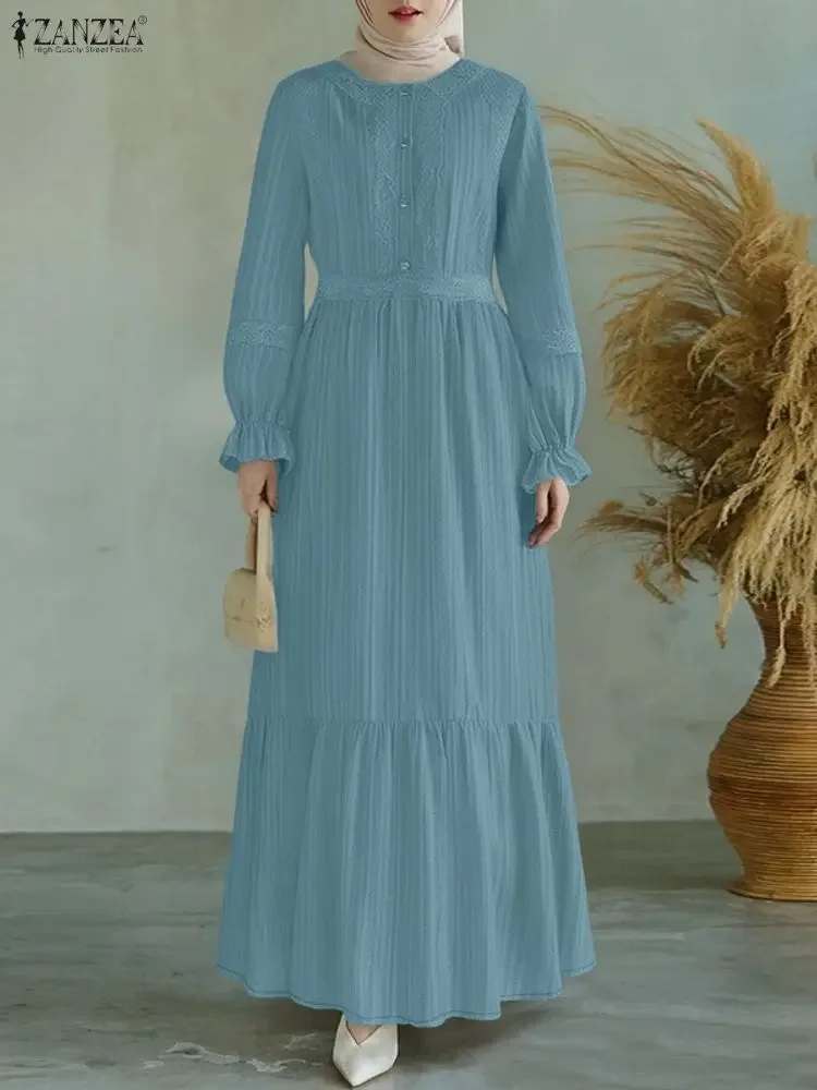 2026 ZANZEA Spring Lace Patchwork Dresses Autumn Muslim Abaya Dress Women O Neck Long Sleeve Pleated Sundress Ramadan Hijab Robe