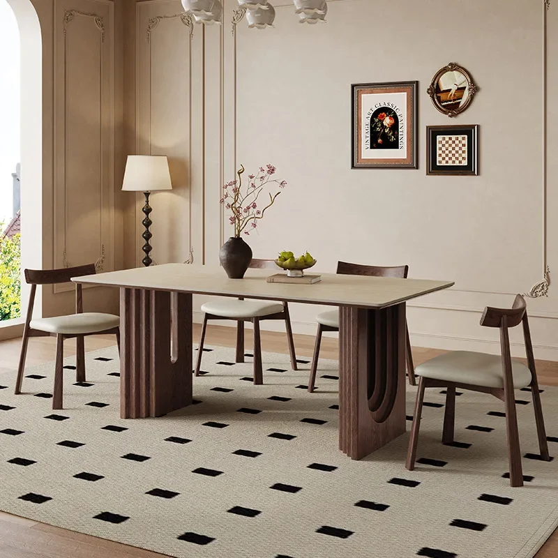 Solid wood rock slab dining table, rectangular modern simple walnut color home retro style wabi sandy