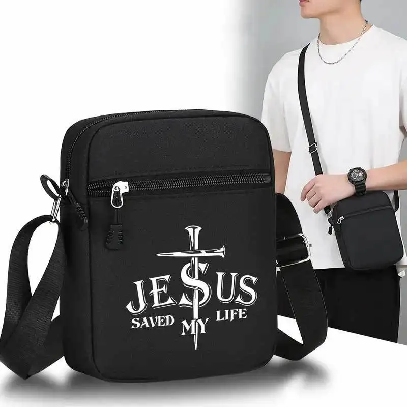 Jesus Saves My Life Crossbody Bag with Strap Handbag for Teens and Church Black White Lettering Travel Pouch Pattern Accessory