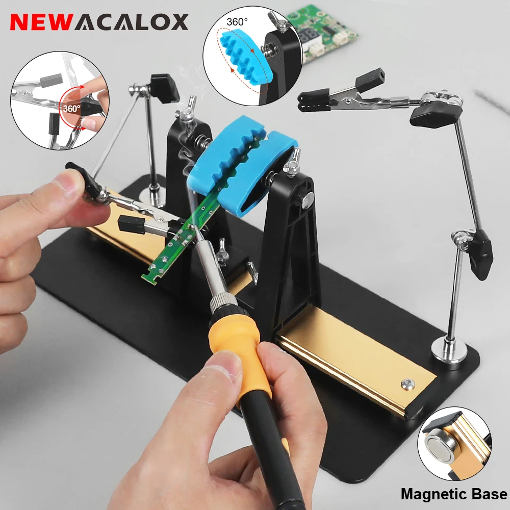NEWACALOX Adjustable PCB Holder Soldering Clamp Magnetic Metal Flexible Arms Helping Hands for Electronic Repair Jewelry Crafts