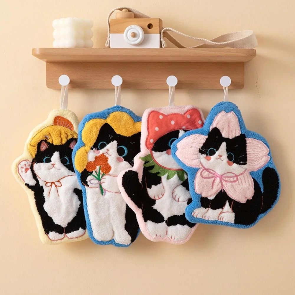 New Cute Cat Hand Towel Soft Coral Fleece Toilet Handkerchief Strong Water Absorption Hanging Style Washcloth Kitchen