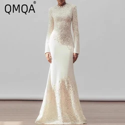 QMQA Fashion Women's Elegant Dresses Hook Flower Hollow Out Long-sleeve High Waist Fishtail Maxi Dress 2025 Spring New 1A608