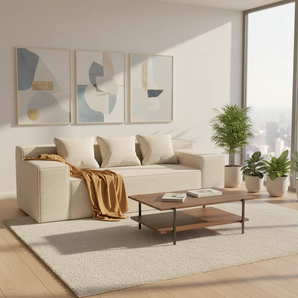 #Beige Soft Linen Fabric Sofa 3 Seater Modern Minimalist Square Arm Couch with Throw Pillows for Living Room Furniture