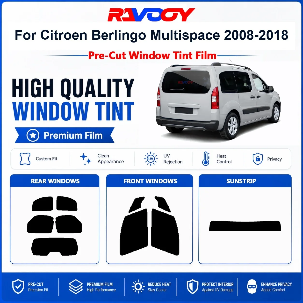 Premium Pre-Cut Window Tint For Citroen Berlingo Multispace 2008-2018 Front & Rear Windows UV Heat Rejection Privacy Film