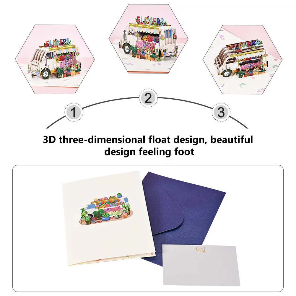 3Pcs Three-Dimensional 3D Flower Car Greeting Cards Birthday Blessing Cards Holiday Festival Gifts Kids Birthday Supplies