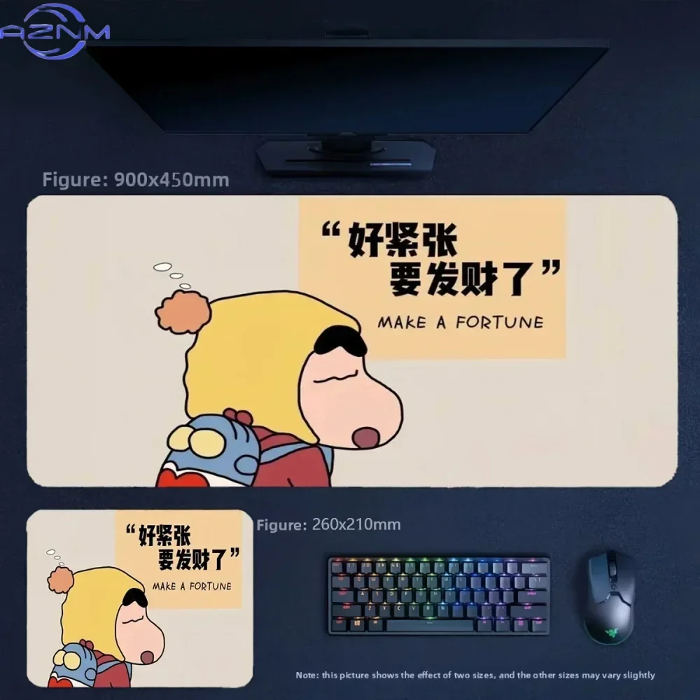 Funny Anime Crayon Shin‑chan Make A Fortune Quote Large Mousepad, Rubber Non‑Slip Extended Gaming Desk Mat, Waterproof Anti‑Fray