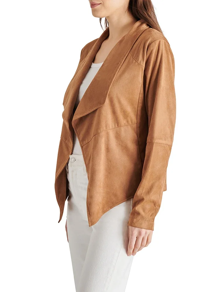 Chaqueta de cuero de gamuza bronceada para mujer, cárdigan elegante de manga larga con solapa, abrigo Vintage suave de gamuza sintética, ropa de discoteca personalizada, nuevo