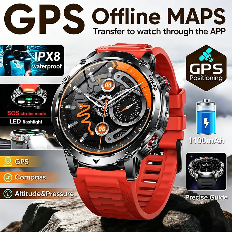 

2026 Men's Outdoor Smart Watch with Built inGPS1100mAh Large Battery1.7-inch AMOLED Display 5ATMWaterproofBluetoothCall Function