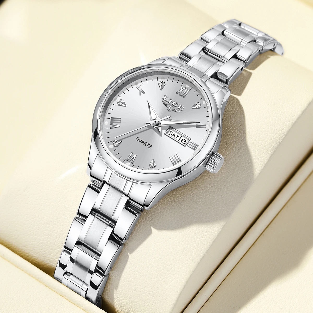LIGE Women Wrist Watch Original Watches for Ladies Waterproof Stainless Steel Luxury Quartz Woman Wristwatch Diamond Dial Clock