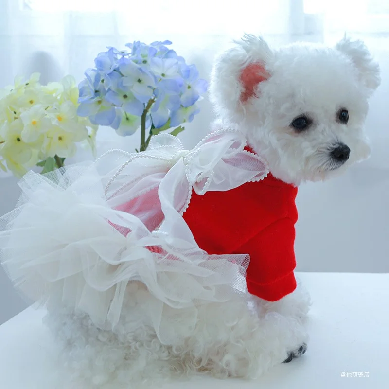 1PC Pet Clothing Cat Autumn Winter Thickened Warm New Year Red Bow Pearl Princess Dress Suitable for Small and Medium sized Dogs