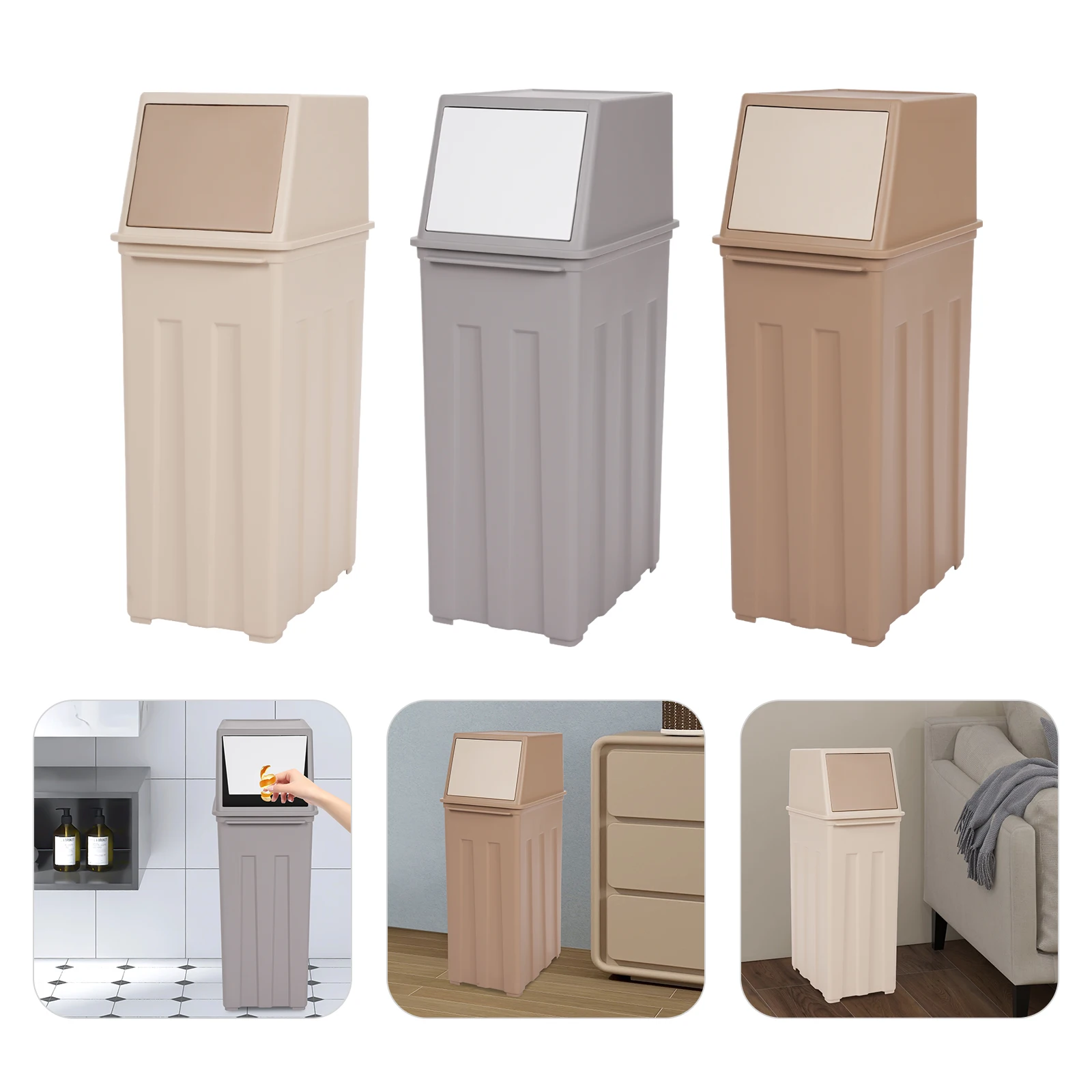 

30L PP Trash Can,Light Coffee/Khaki/Grey Slim Trash Can with Lid Floorstanding for Living Rooms,Kitchens