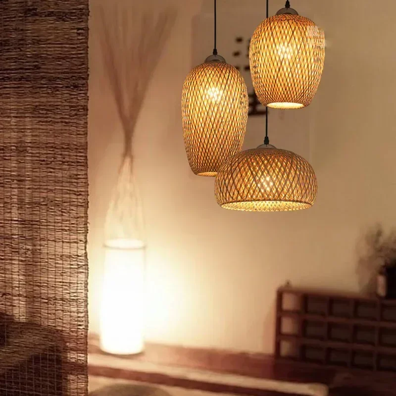 Bambu Lampshade LED Lâmpada pingente, Lustres de teto de vime Rattan Natural, tecidos à mão, luminárias E27, luz suspensa, 3pcs