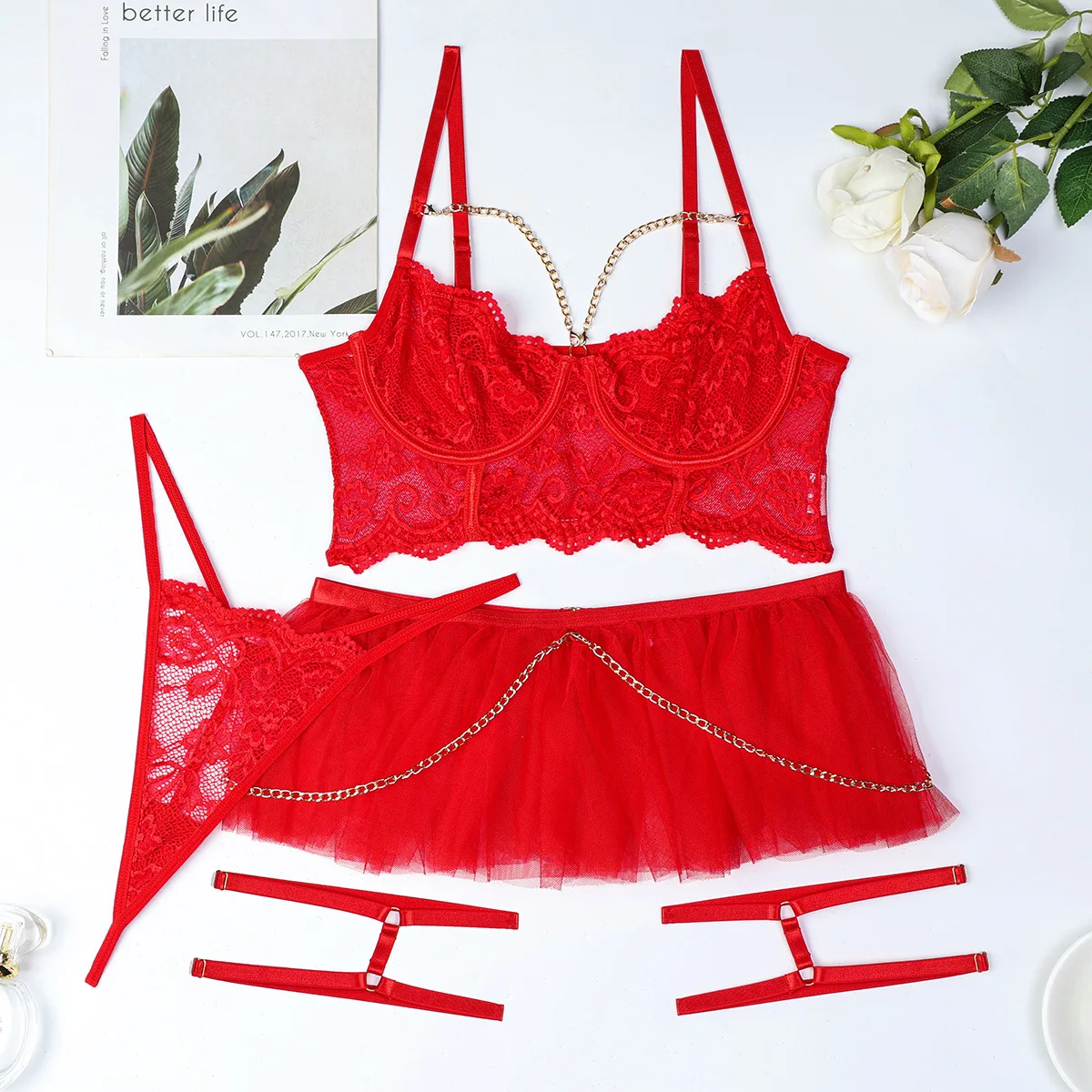 ECTOOKO Erotic Underwear Red Lace Metal Chain Transparent Mesh Puffy Skirt Four-piece Set