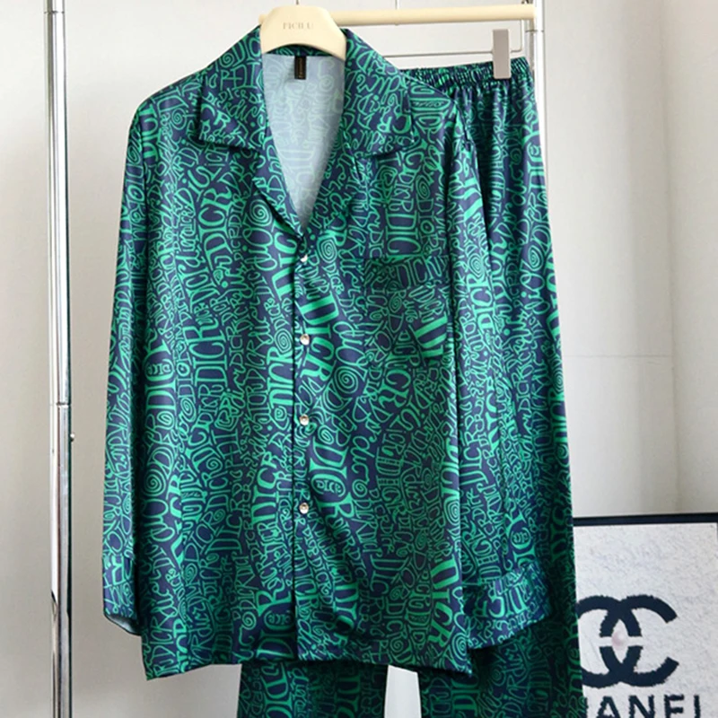 Spring Autumn 2PCS Pajamas Set Sleepwear Green Print Letter Long Sleeve Trouser Pijamas Suit Loose Silky Satin Homewear Pyjama