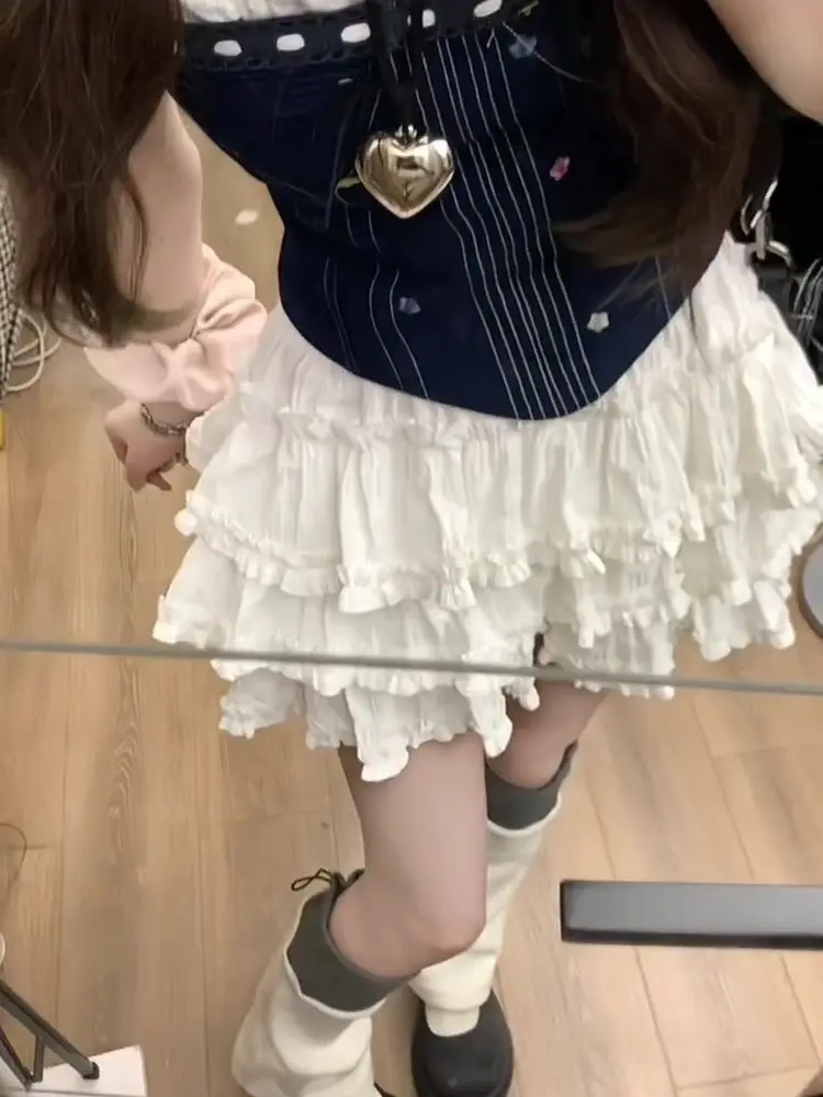 الصيف الكورية الدنيم الحلو 2 قطعة مجموعة النساء الدانتيل مخيط بروتيل القمم + ألف خط كعكة تنورة دعوى Y2k تصميم ملابس غير رسمية 2025