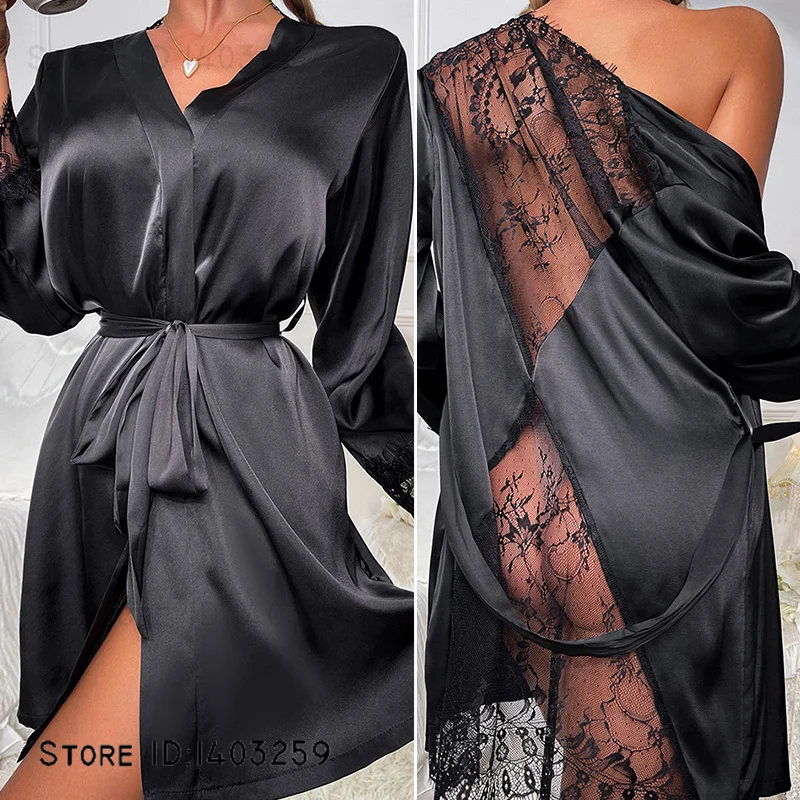 Sexy Perspective Lace Robe Dress Kimono Bathrobe Gown Summer New Women Sleepwear Intimate Lingerie Ice Silk Homewear Loungewear