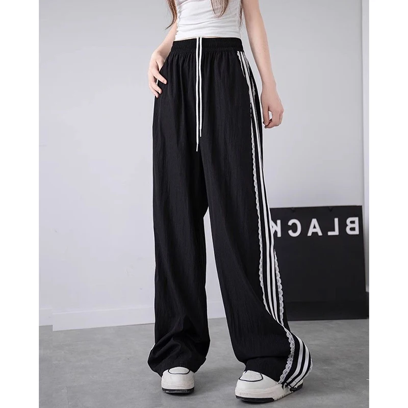 

Женские кружевные дизайнерские брюки с высокой талией, женские быстросохнущие свободные брюки для девочек, шикарные полосатые прямые брюки-карго