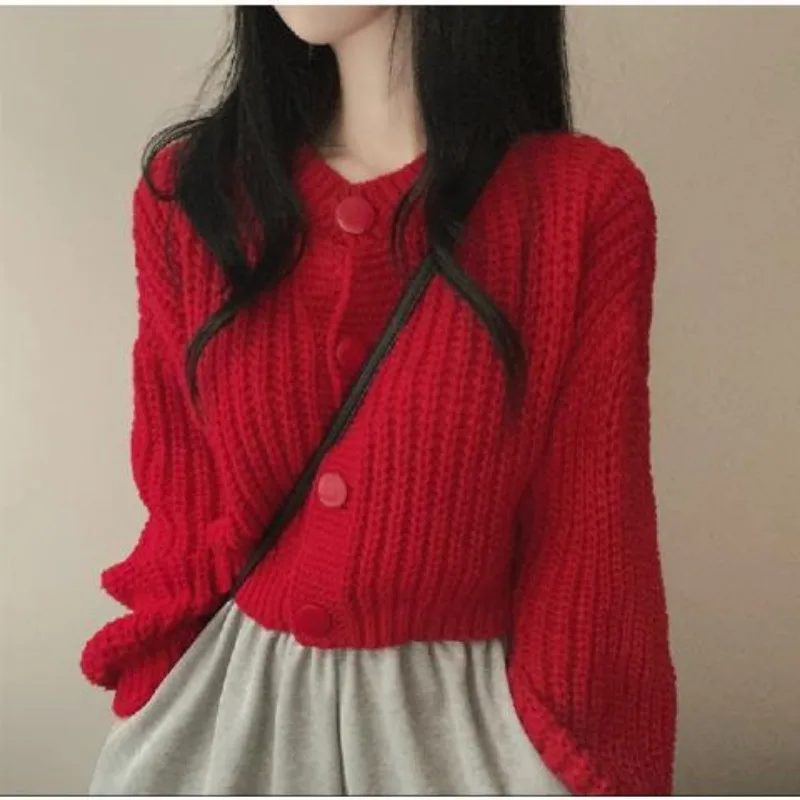 Solid Sweaters for Women Pull Femme Autumn O Neck Short Knitted Cardigan Tops Outwear Korean Black Jacket Sueters De Mujer