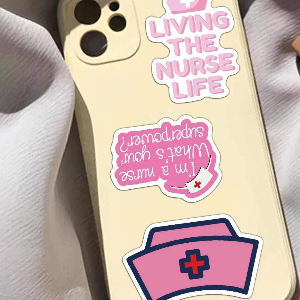 50PCS Creative Pink Nurse Cartoon Creative Calligraphy Academy Style Stickers Handbooks Decoration Waterproof Stickers