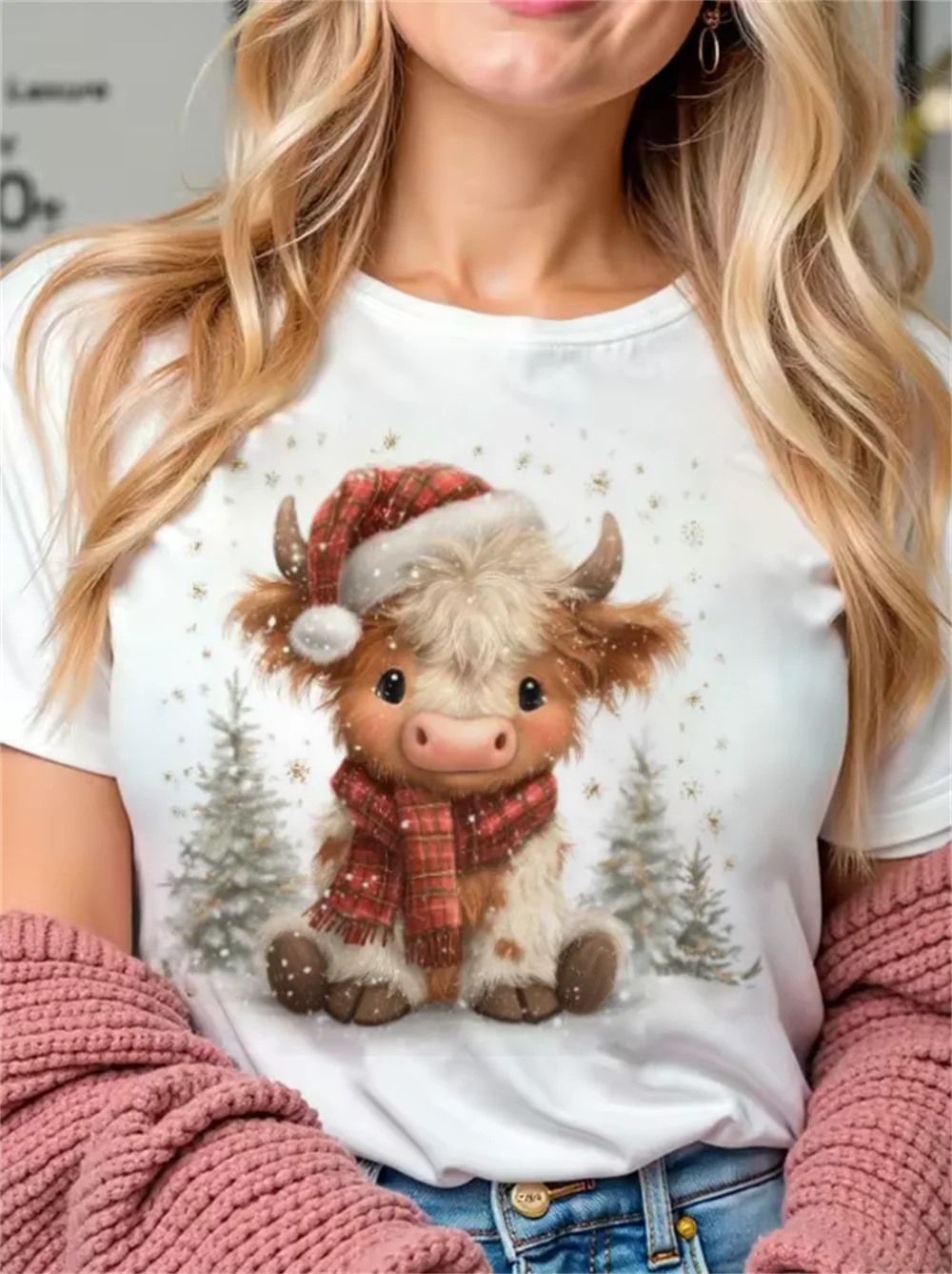 Highland Cattle Print Pattern Cute T-Shirt Short Sleeved Christmas Casual Style Printed Women's Cartoon O-Neck White Top T-Shirt