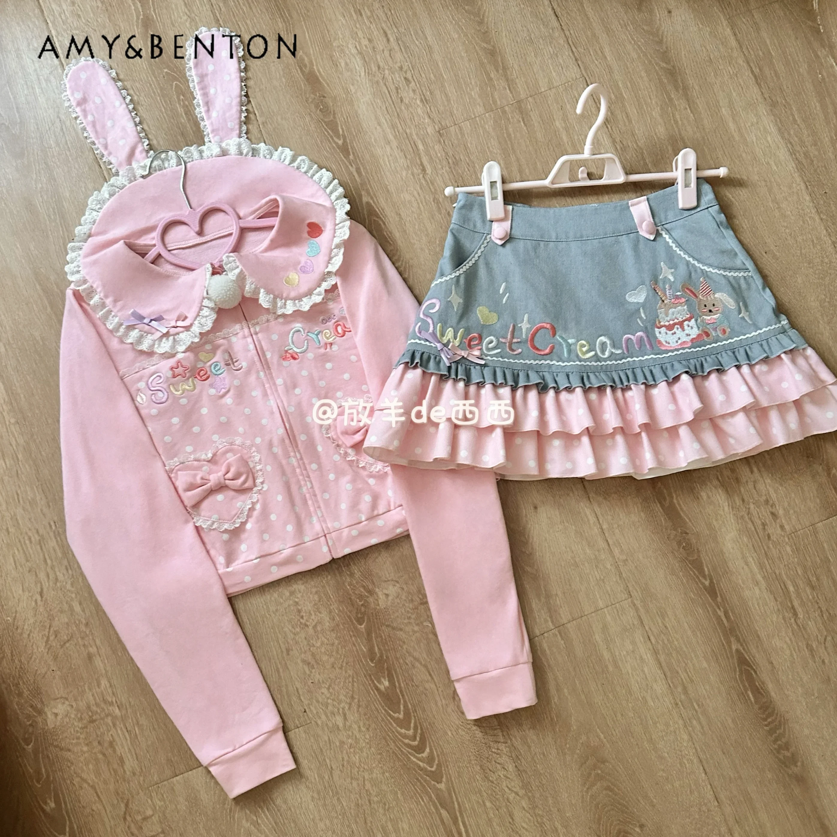 Spring Autumn New Sweet Kawaii Cartoon Printed Rabbit Ears Doll Collar Slim Jacket High Waist Mini Denim Skirt Y2K Two-piece Set