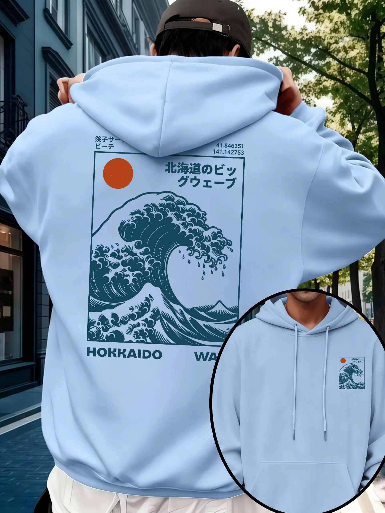 Herren Herbst Winter Y2K Orientalischer Hoodie Vintage Ukiyo-e Big Wave Hokkaido Kanji Grafik Weicher Fleece Kapuzenpullover
