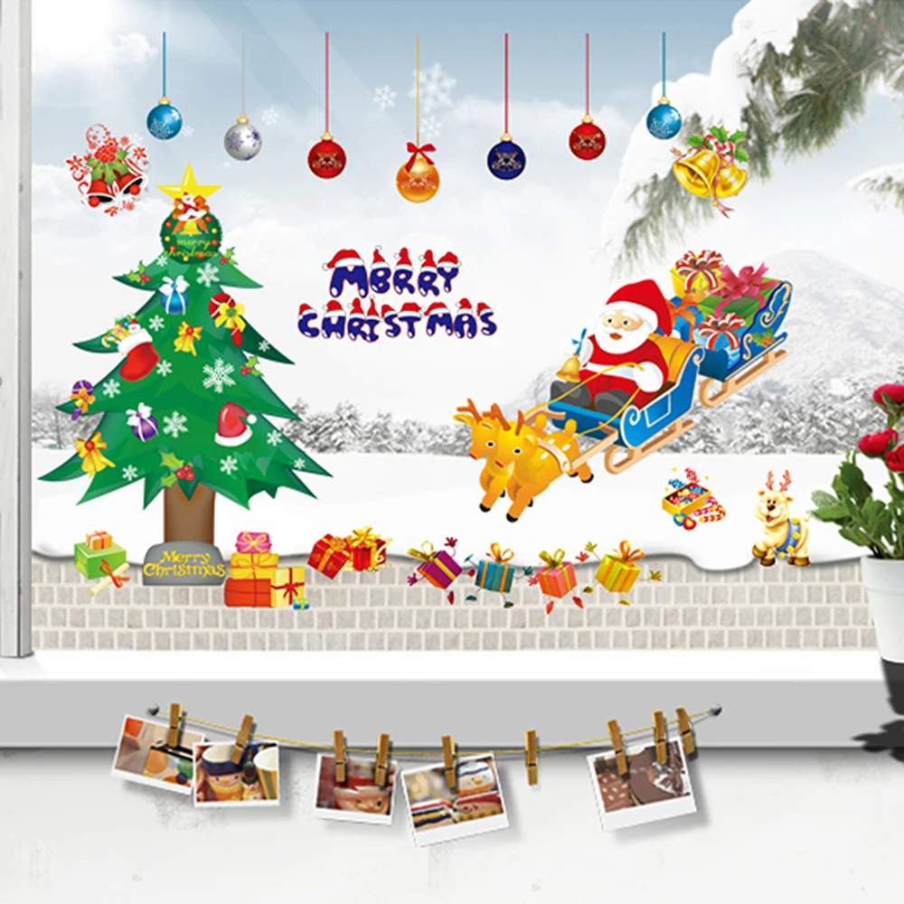 1Pc Merry Christmas Wall Stickers Santa Claus Sleigh Reindeer Xmas Tree Window Decals Removable Self Adhesive Home Shop Decor