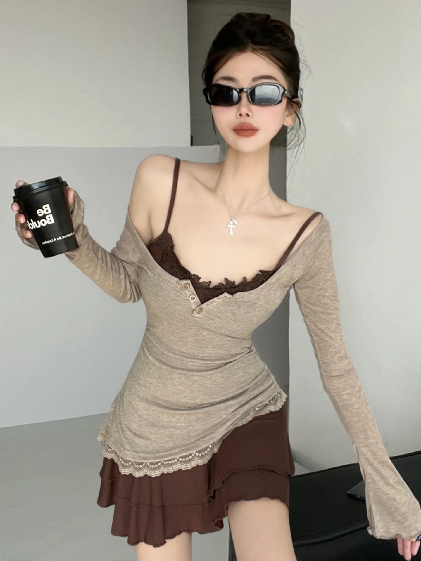 طقم مكون من قطعتين من Desert Princ Long Sve Lace Trim ter Dr لقضاء العطلات في الهواء الطلق وكام الشاطئ وتاريخ Par Ci Walk Tour