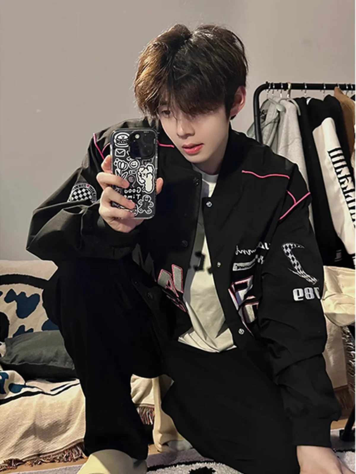 

Bla Stand Collar Jaet Men's Spring Autumn American Retro Vintage Racing Baseball orm High Sensation Cool Jaet