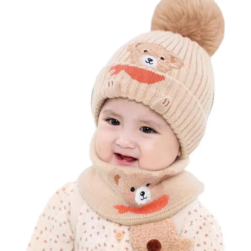 Doitbest Baby Kids Beanie Sets Cute Cartoon Bear 2 pcs 2022 Boys Girls Winter Villus Hat Scarf Set Age for 1 to 4 Years old Kid