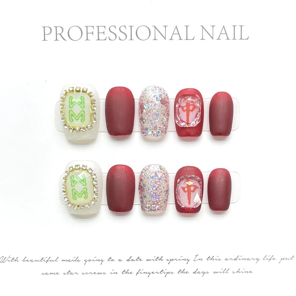 اليدوية قصيرة الصينية جونغ الصحافة على الأظافر مع Deign رئيس مستديرة قابلة لإعادة الاستخدام الأظافر وهمية مع الغراء أظافر اصطناعية نصائح مسمار الفن