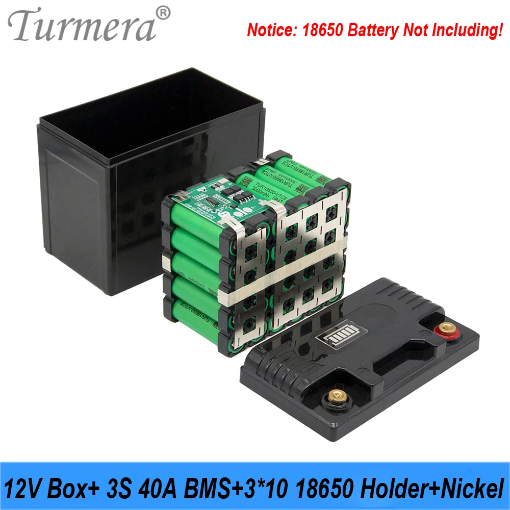 Turmera 12V Motorcycle Battery Box 3*10 18650 Battery Holder 40A Balance BMS 5V 2.1A QC3.0 2*USB Port for UPS Camping Power Bank