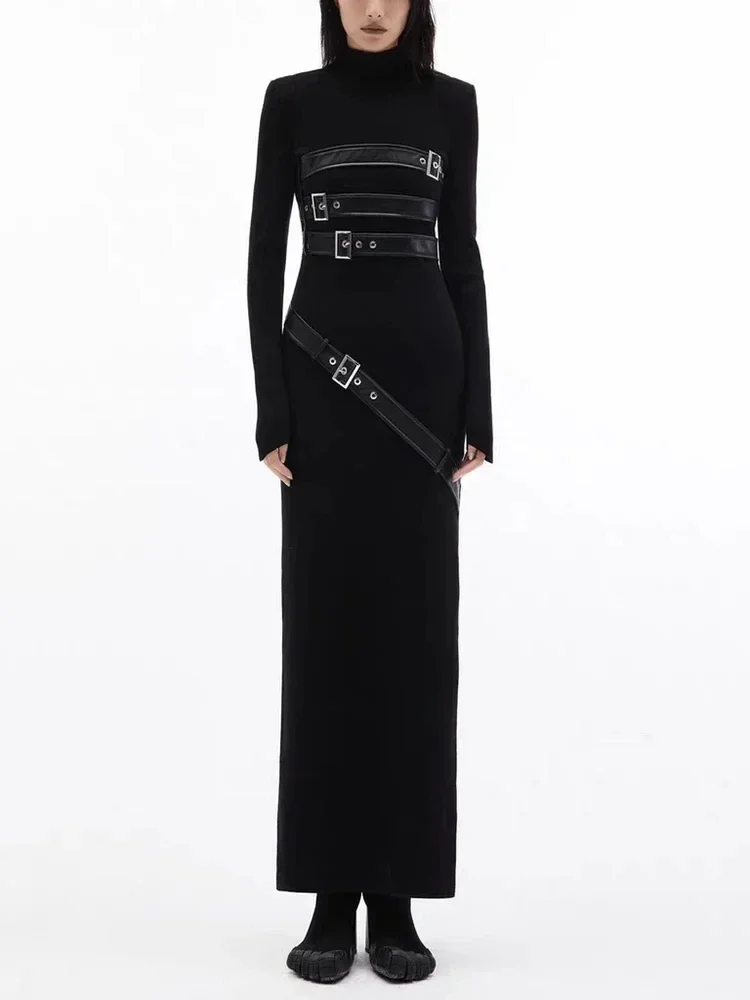

Sexy O Neck Belt Patchwork Design Long Dress Women Black Long Sleeve Spliced Belts Bodycon Dresses Evening Celebrity Cocktail