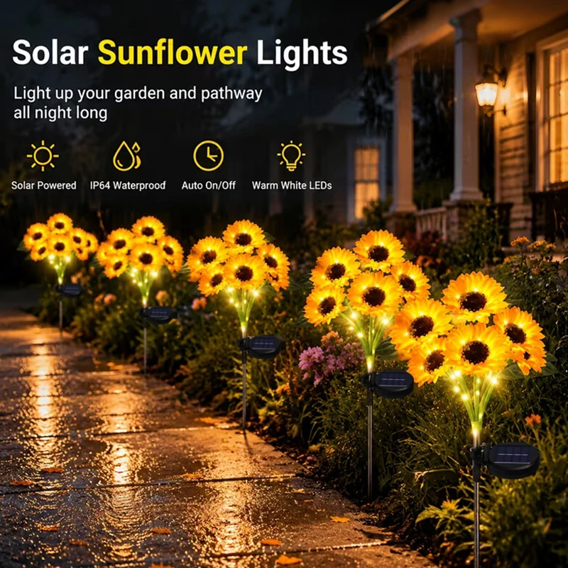 Solar 6-Head Sunflower LED Lights Waterproof Outdoor Artificial Flower Stake Lights for Garden Flowerbed Yard Patio Decoration