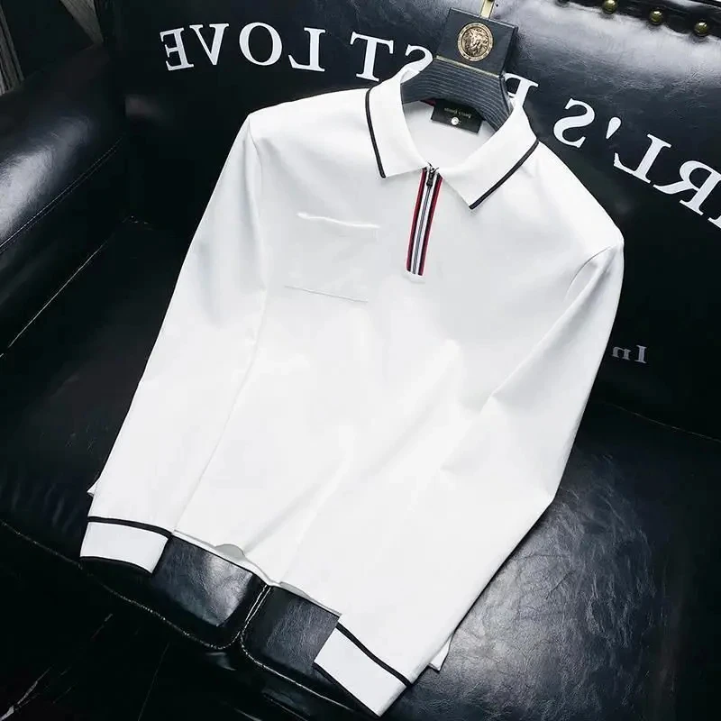 T Polo Shirt for Man Formal White Men's Clothing Tight Business Slim Fit Top Half Zip Original Harajuku Fashion Size Long Sleeve