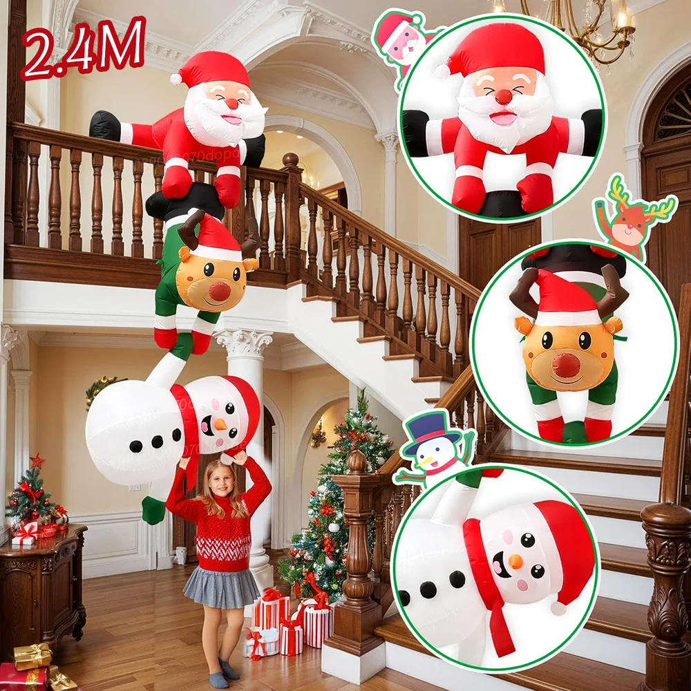 Pupazzo di neve gonfiabile sospeso natalizio da 2,4 m, Babbo Natale da arrampicata, per la decorazione del cortile del tetto con traversa interna ed esterna