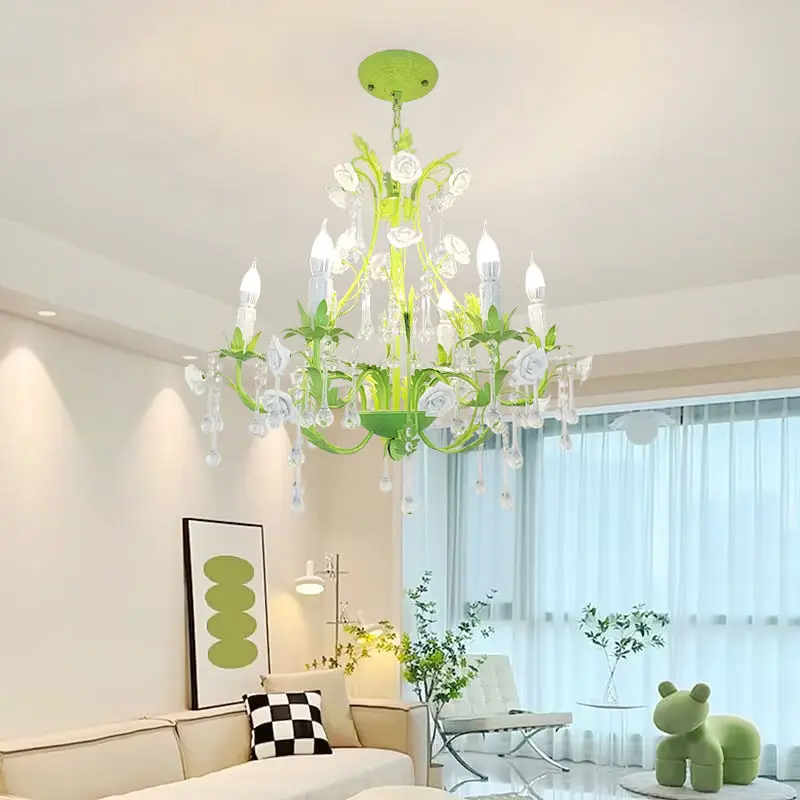 European Green Floral Chandelier Ceramic White Pink Rose Flower Decoration Chandelier Light Fixture E14 Candle Style Chandelier