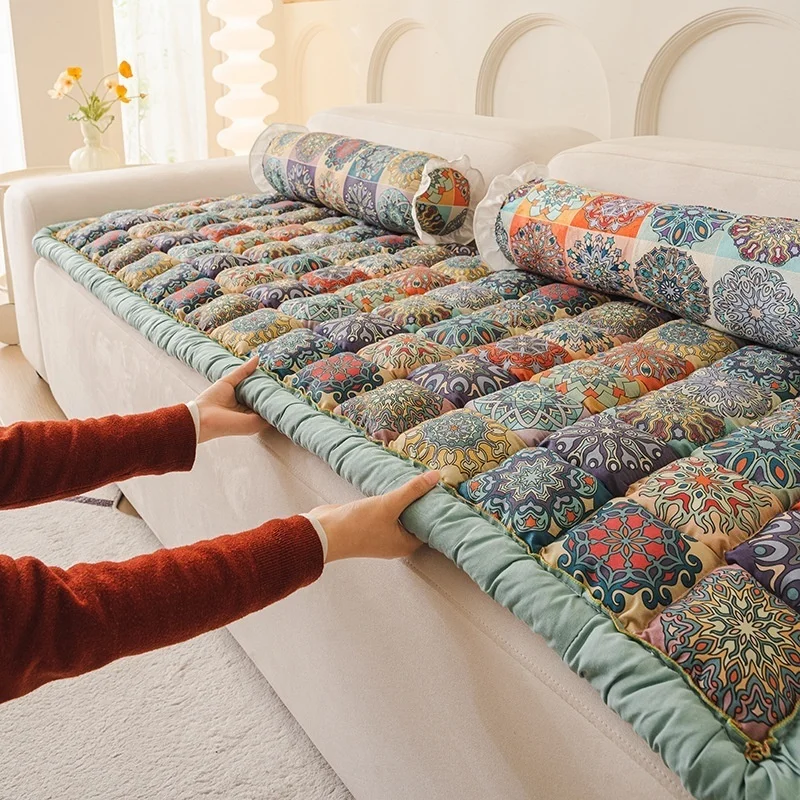 Cotton Thickness Couch Sectional Sofa Cover Anti-slip Printed Floral Dust Seat Cushion Tatami Pad Home Decor Furniture Slipcover