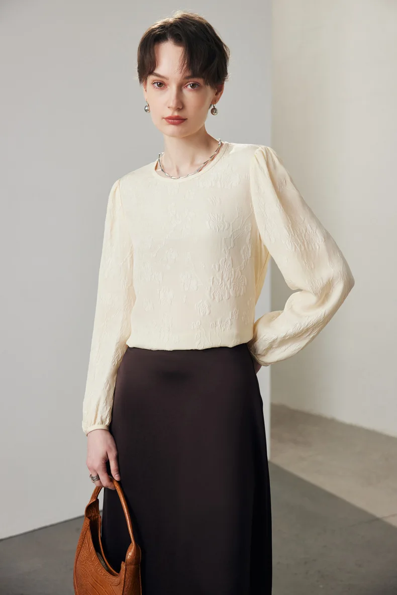 Women's Silk Dress O Neck Long Sleeves Dobby Elegant Fashion Pullover  Blouse Tops