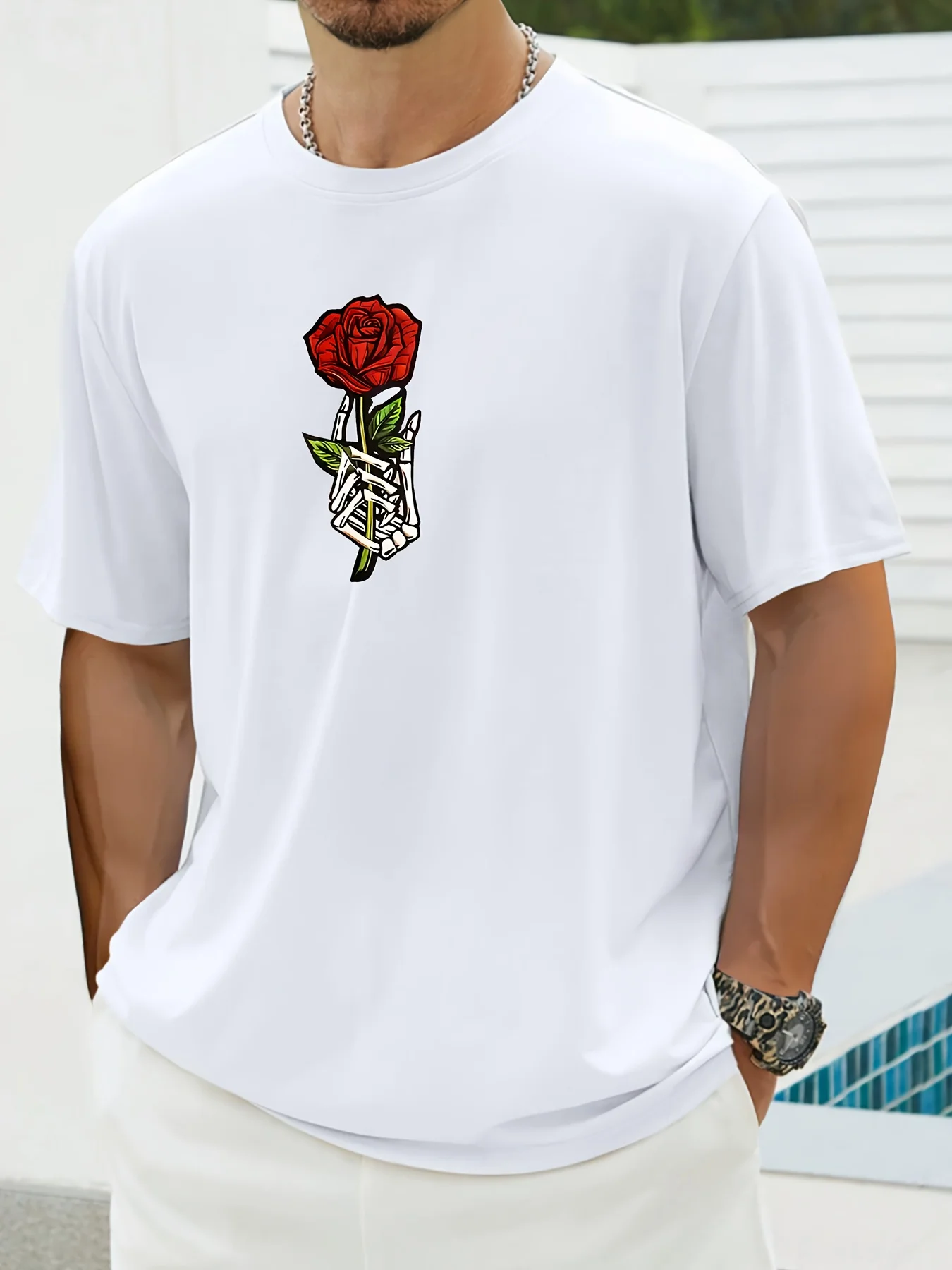 

Valentine's Day 95% Polyester 5% Spandex "Green Bean Short Sleeve" Rose Flower Print, Summer Four Seasons Bottoming Factory Made