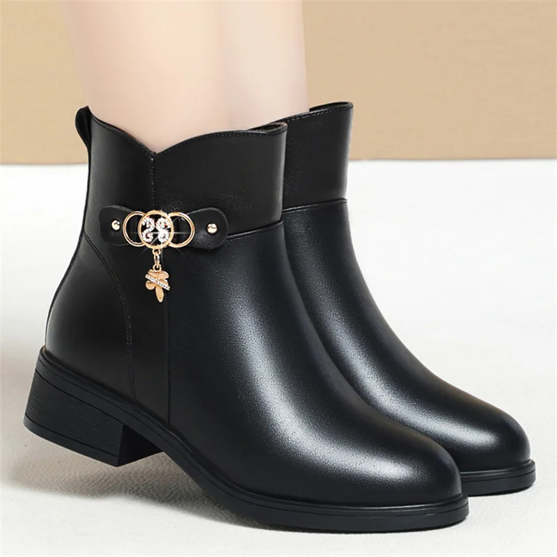 

Women High Quality Soft Leather Winter Warm Plush Short Boots Solid Color Round Toe Zipper Anti-slip Chunky Heel Boots