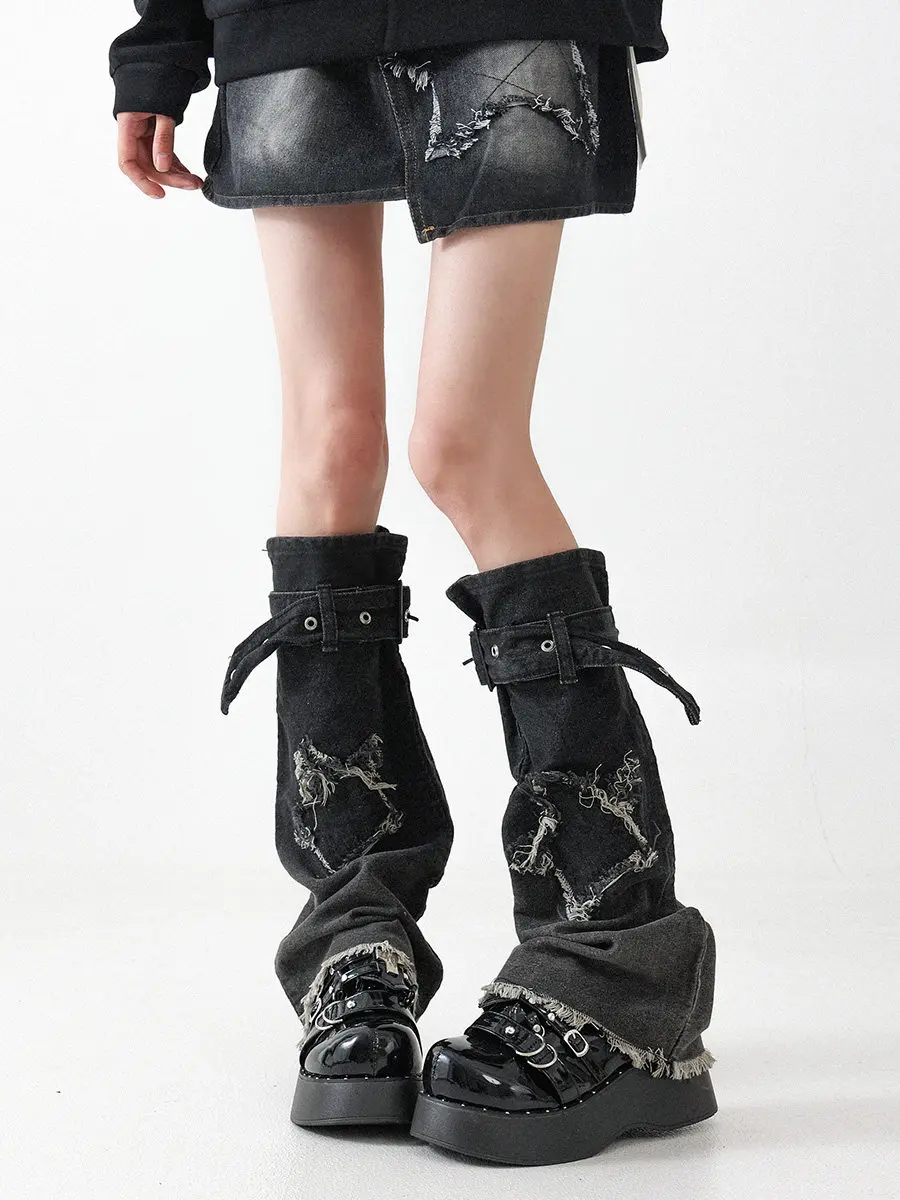 Japanese Subculture Vintage Denim Socks Leg Warmers Y2K Harajuku Gothic Lolita Autumn Slimming Ruffle Chic Foot Cover