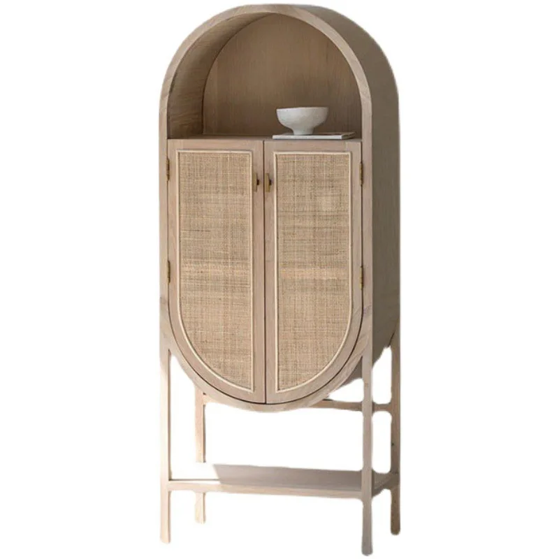 Retro living room household rattan dining side cabinet round arch vertical cabinet double door display cabinet