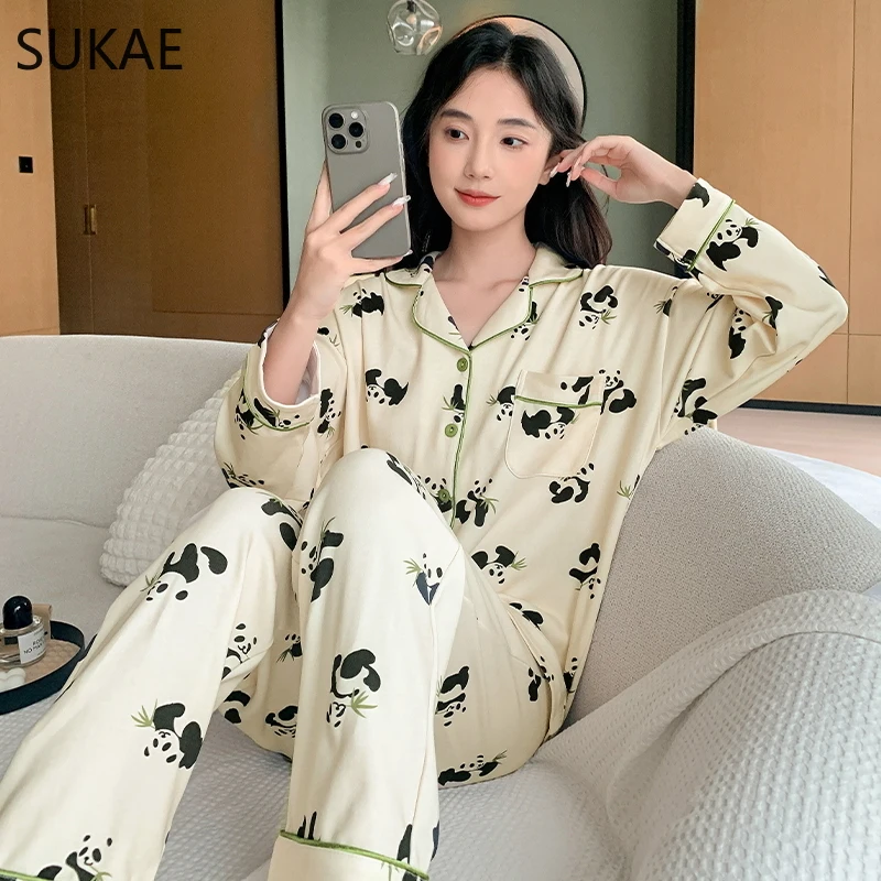 SUKAE M-5XL Autumn Winter Woman Pajamas Set Lady Home Clothes Faux Cotton Nightwear Lapel Pjs Fashion Turn-down Collar Sleepwear