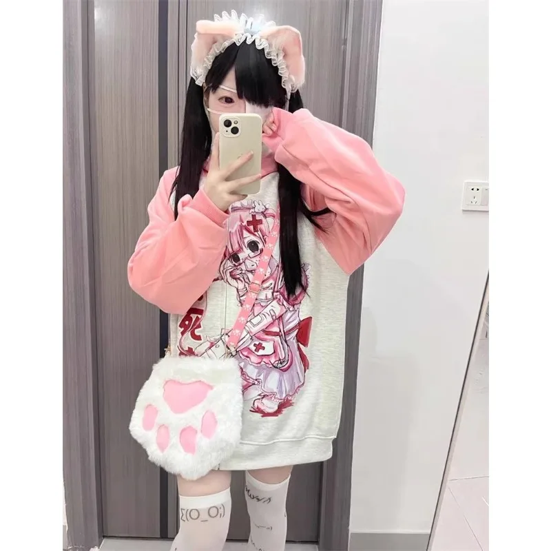 Summer Thin Subculture Hoodies with Hooded Anime Print Long Sleeve Zipper Thin Hoodie Loose Hoodie Woman Pink Patchwork Coat