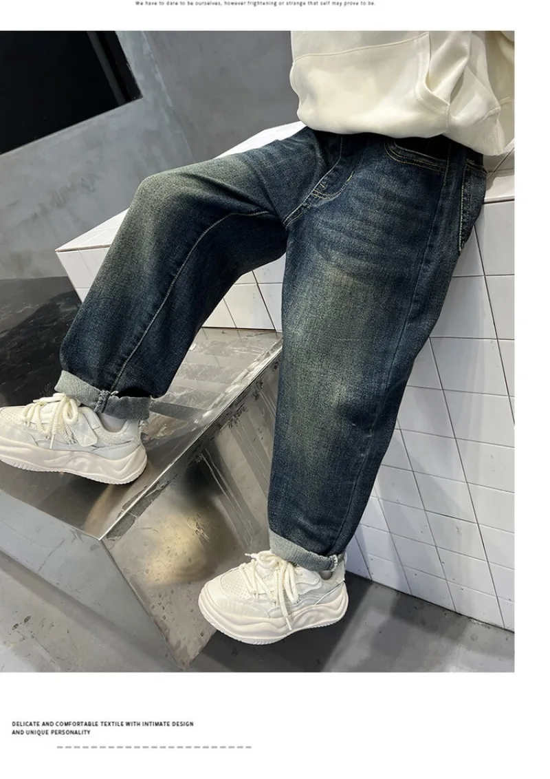 Jeans für Teenager und Jungen, UNITIM, Herbstkollektion, Kinder-Jeans mit Buchstabenmuster und Taschen, lässige Jeans mit elastischem Bund, für Jungen von 2 bis 12 Jahren, gerade geschnittene Hose. – Detail 12