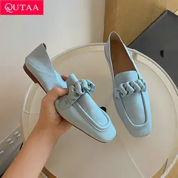 QUTAA 2022 Loafers Spring Summer Flats Retro Square Toe Female Shoes Genuine Leather Basic Casual Women Flat Heels Size 34-40