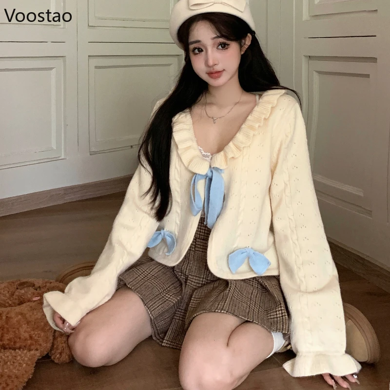 Zoete Lolita Gebreid Vest Herfst Winter Vrouwen Kawaii Ruches Kraag Strik Trui Cropped Jas Koreaanse Meisjes Schattige Breigoed Tops